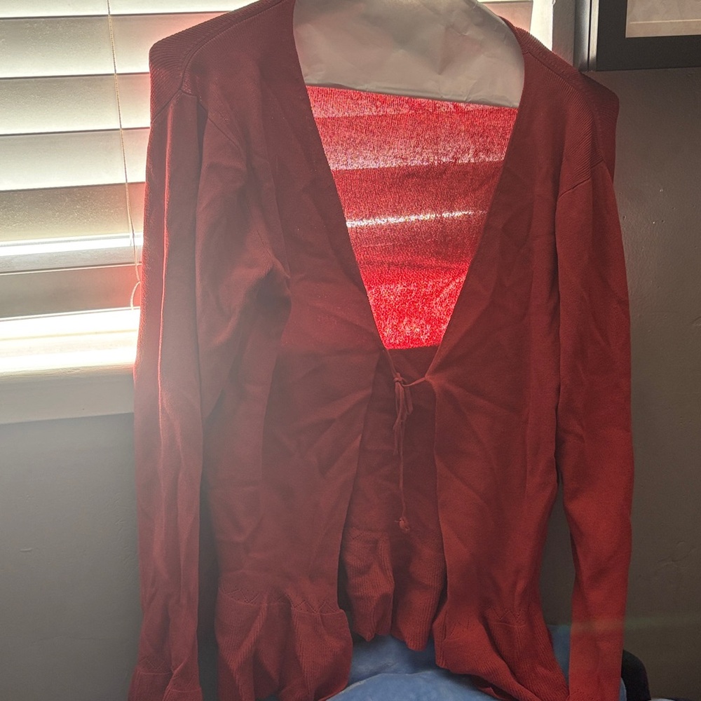 Max Studio Brick Red Open-Front Tie Cardigan